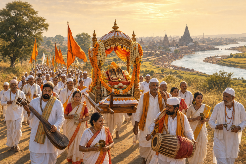 Purandara Dasa Palkhi Wari procession near Pandharpur with devotees, saffron flags, music, and a decorated palkhi