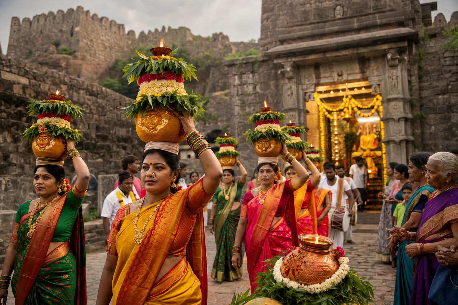Telangana women carry decorated Bonam pots during a Bonalu procession at Golkonda Fort in Hyderabad.