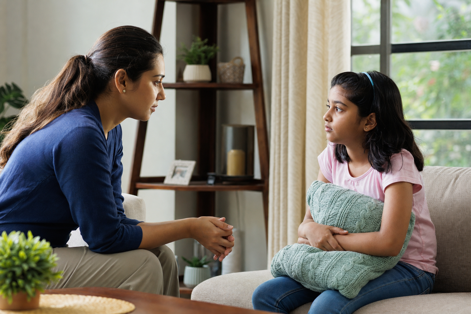 A caregiver sits at eye level with a child and listens attentively in a quiet living room.
