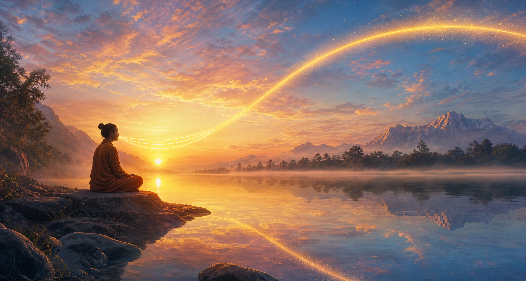 A riverside meditator breathes as golden bands of vibration merge into one arc across the sunrise sky and water.