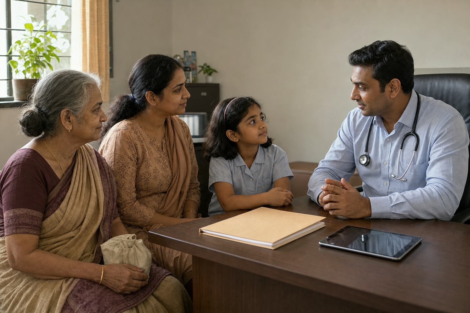 A family doctor meets with a grandmother, parent and child together in an Indian primary-care clinic.