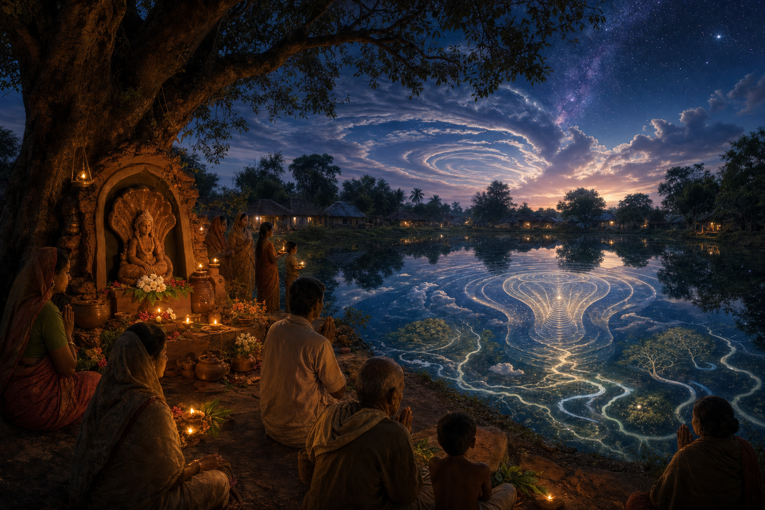 A village community gathers around an earthen shrine of Goddess Manasa beside a pond as its lights and reflections extend into the twilight landscape.