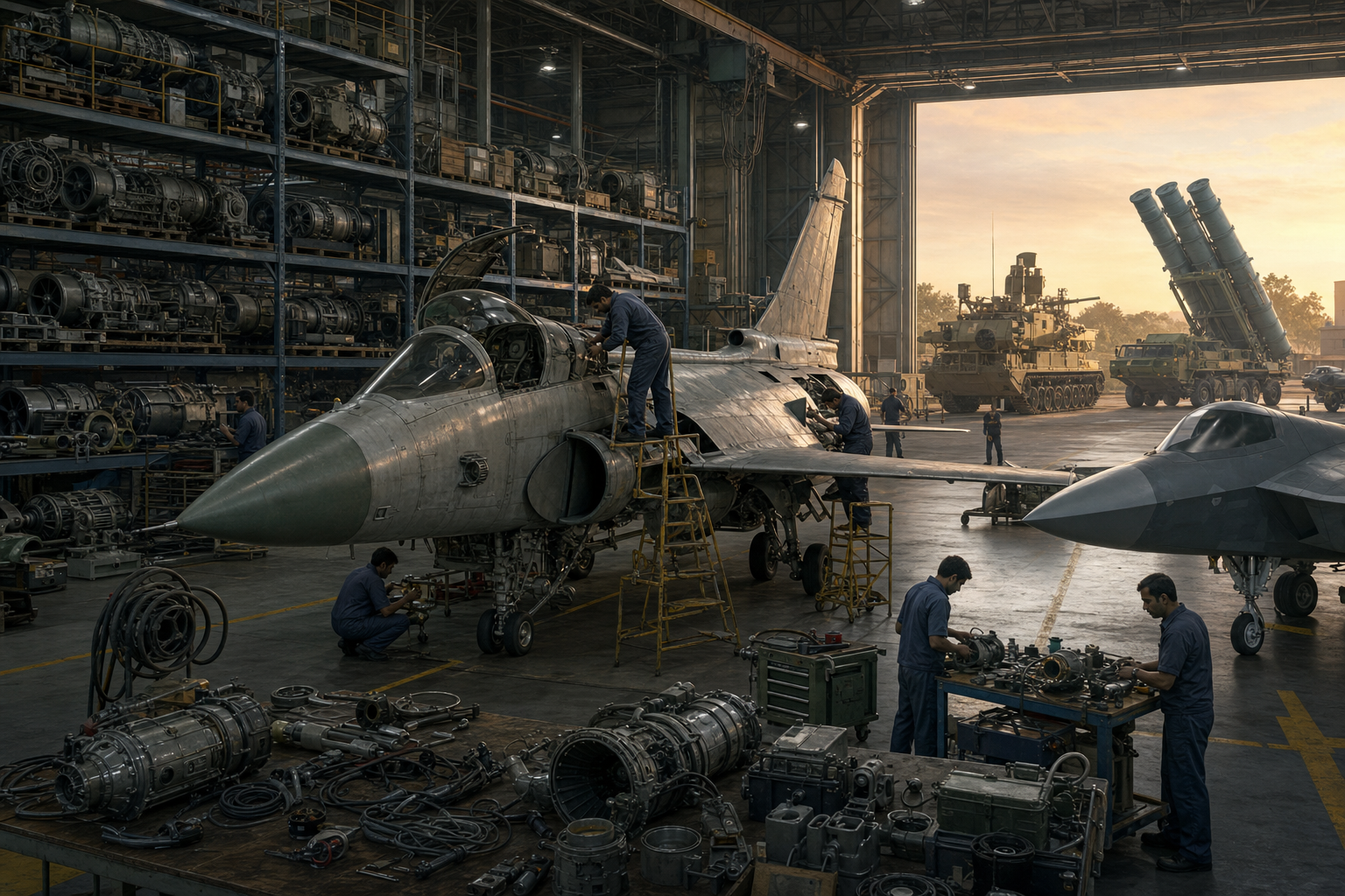 Engineers maintain legacy fighter, armored and air-defence systems in a large hangar filled with specialized parts and tools.