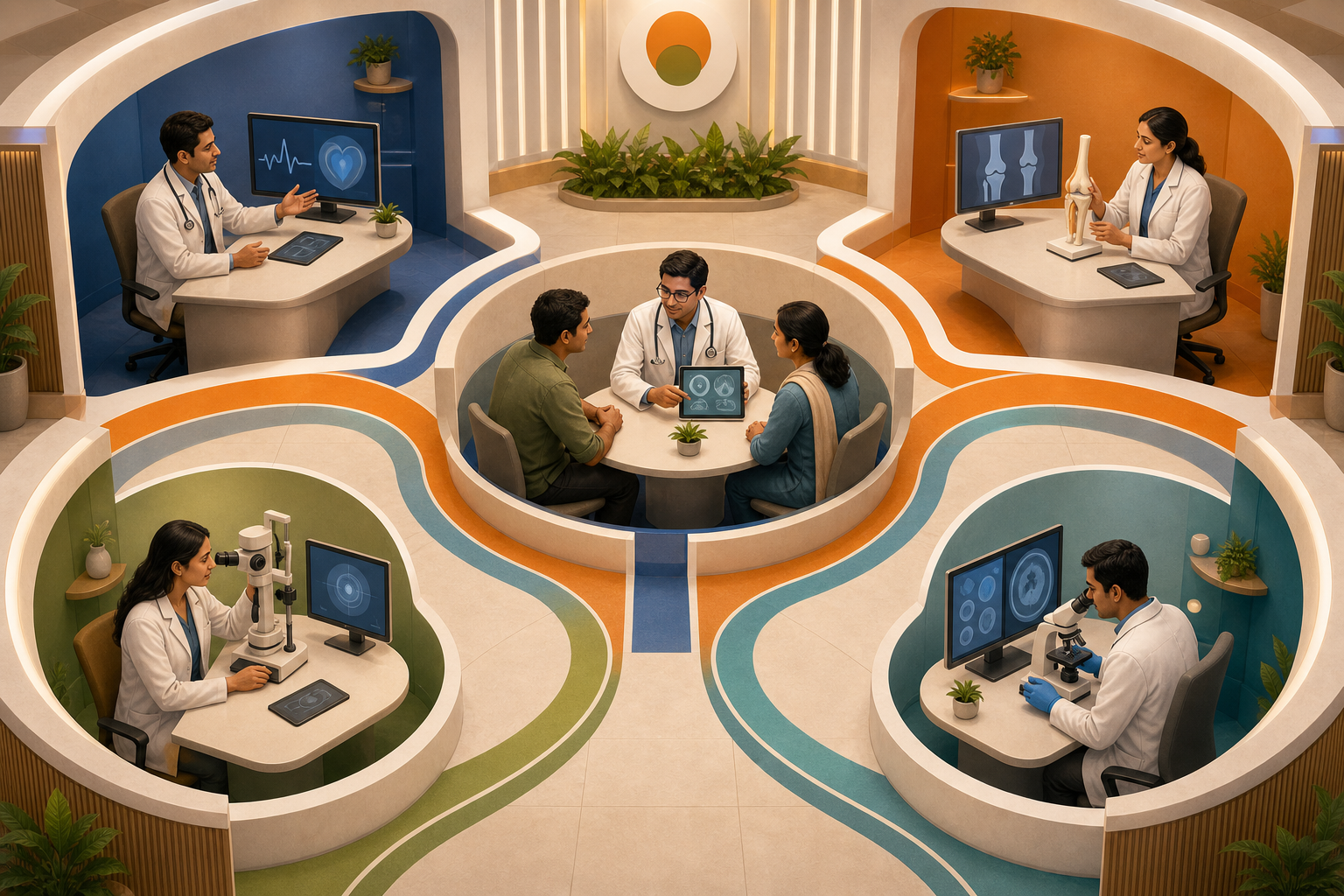 A family doctor and patient occupy the centre of a consultation space connected to four medical specialists.