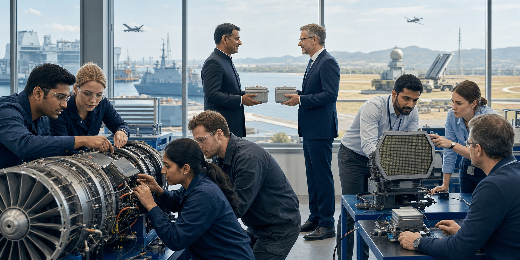Indian and European engineers collaborate on aircraft engine and radar prototypes in a shared defence technology workshop.