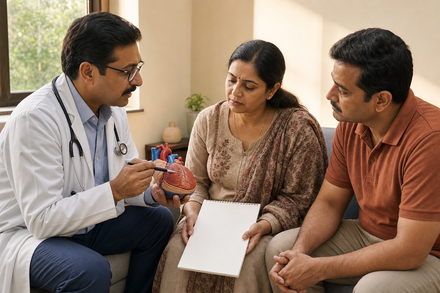 A family doctor explains treatment choices with a heart model to a woman and her accompanying relative.