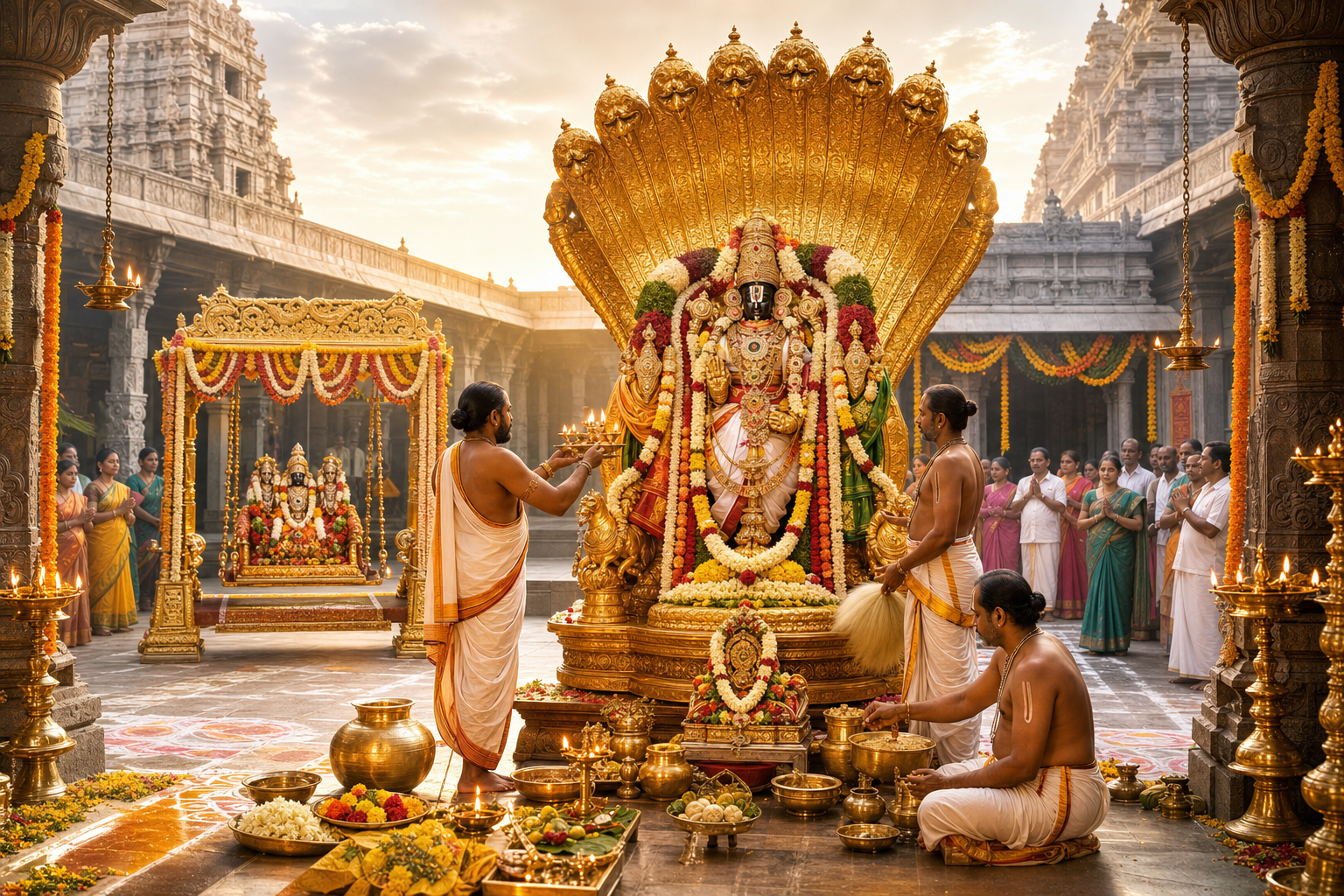 Decorated Lord Kalyana Venkateswara idol on a golden Pedda Sesha Vahanam during temple festival rituals.