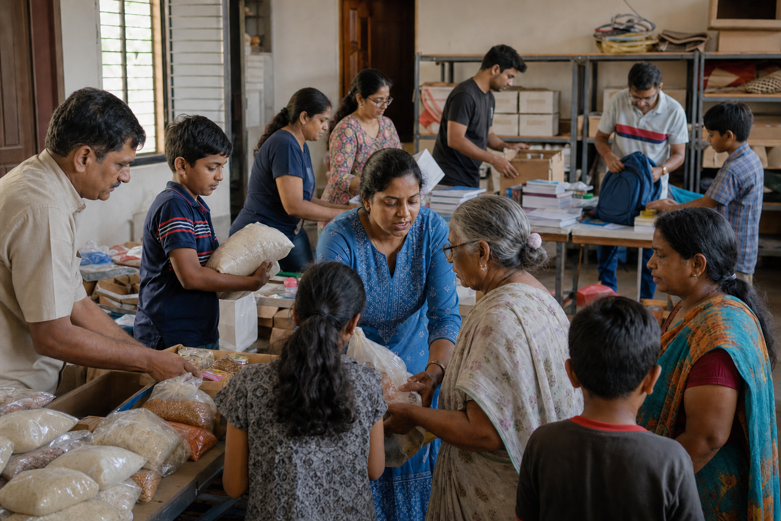 एक सामुदायिक भवन में स्वयंसेवक भोजन के पैकेट, शिक्षण सामग्री और आपातकालीन सामान व्यवस्थित करते हुए स्थानीय निवासियों की सहायता कर रहे हैं।