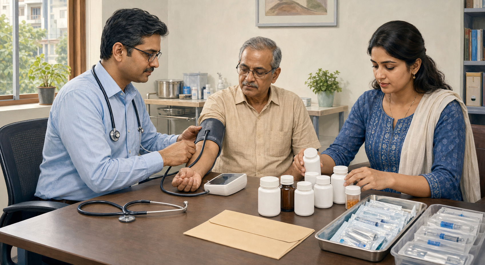 A family physician checks an older man's blood pressure while his daughter gathers unbranded medicines for review.