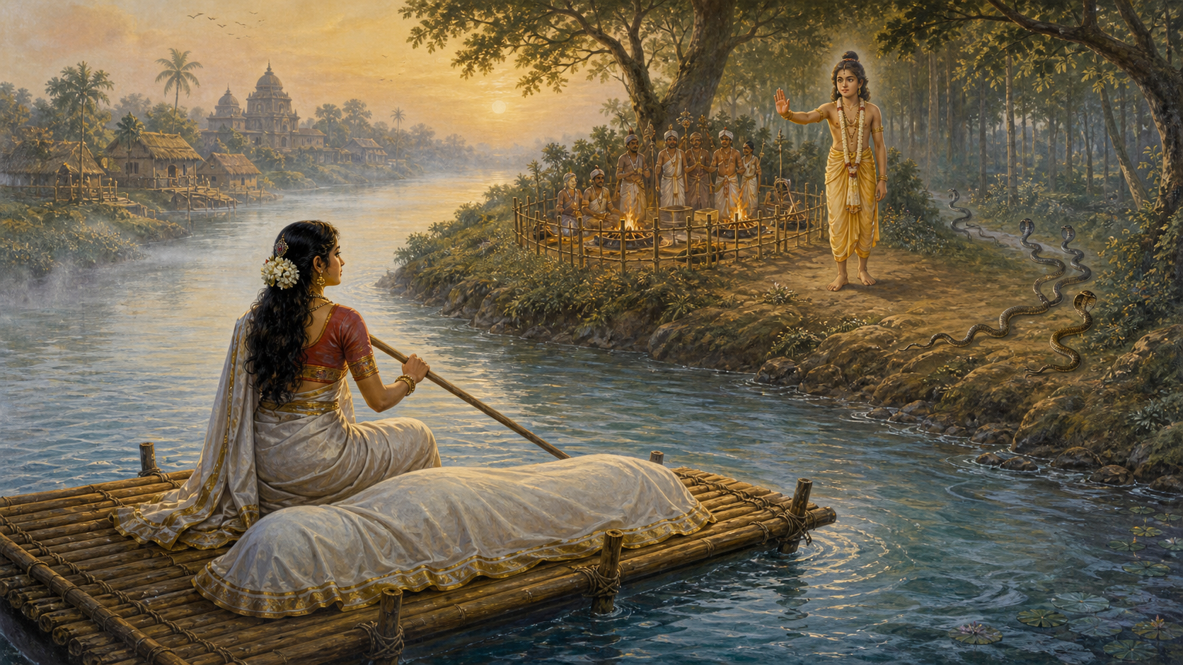 Behula guides a bamboo raft along a river while, on the distant bank, Astika raises his hand between a royal ritual enclosure and serpents returning to the forest.