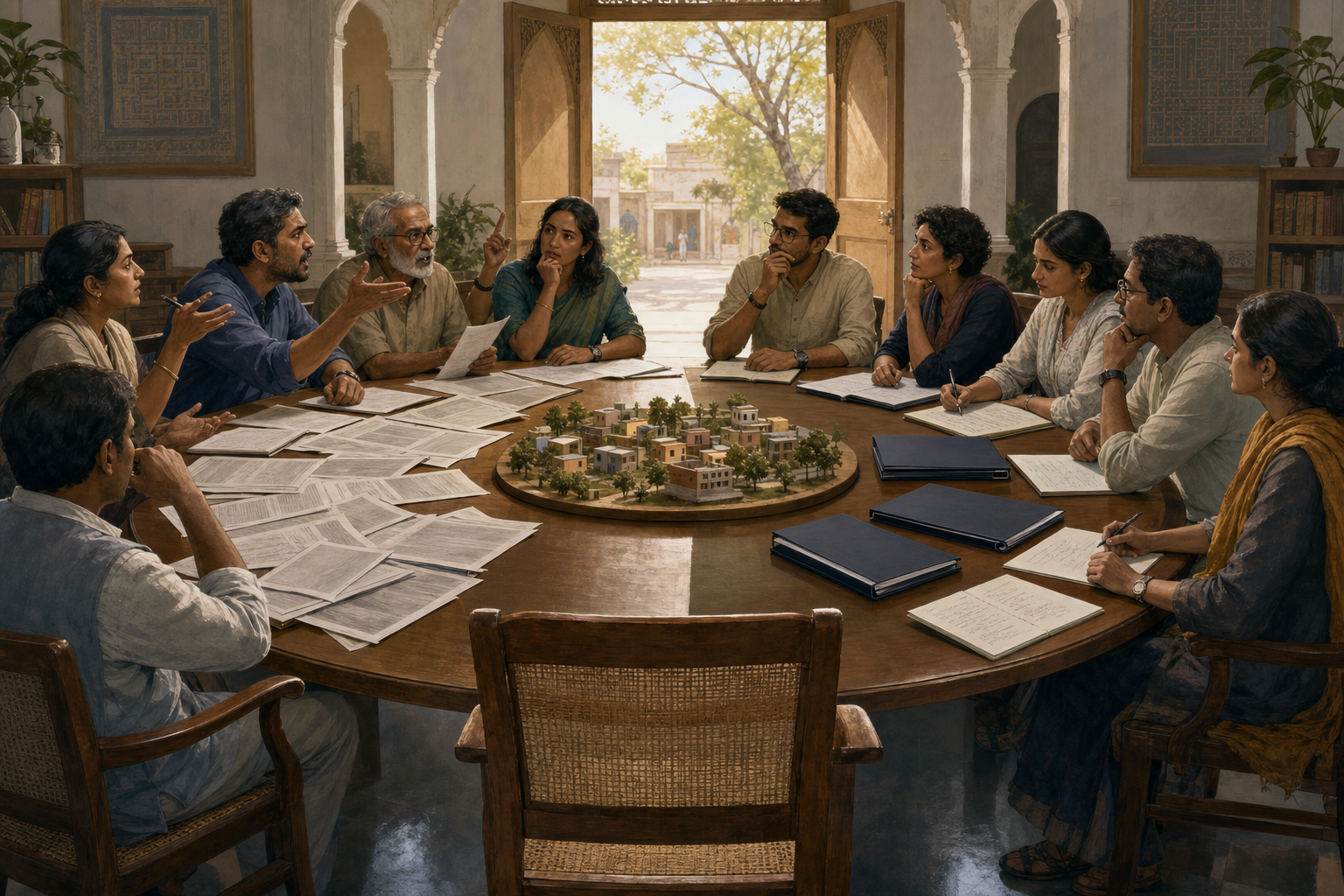 एक गोल मेज के आसपास बैठे विविध राजनीतिक कार्यकर्ता आलोचना और वैकल्पिक नीति पर चर्चा कर रहे हैं, जबकि सामने एक खाली कुर्सी रखी है।