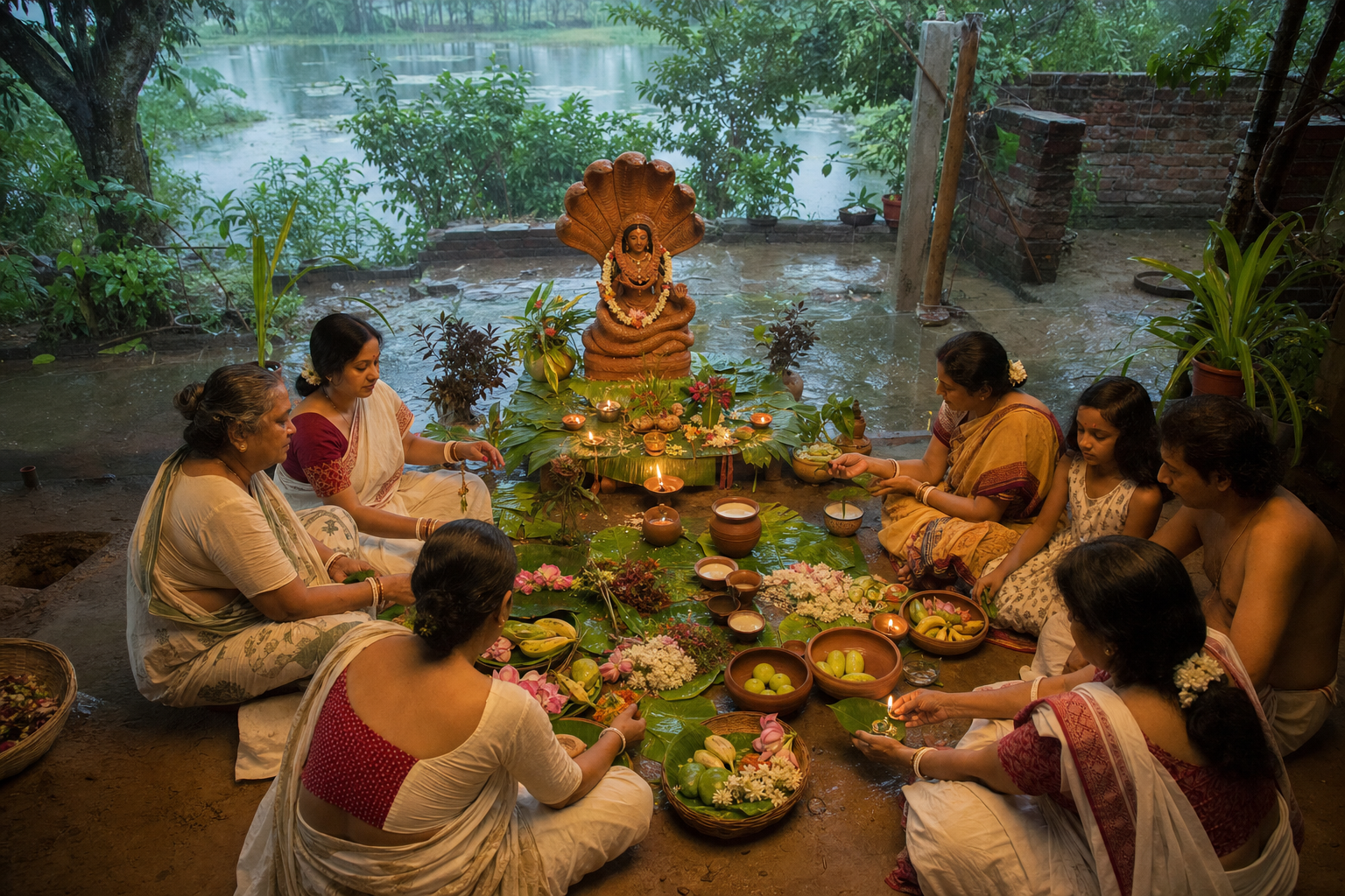 A family arranges flowers, fruit, lamps and ritual vessels before a clay image of Goddess Manasa in a rain-damp courtyard.