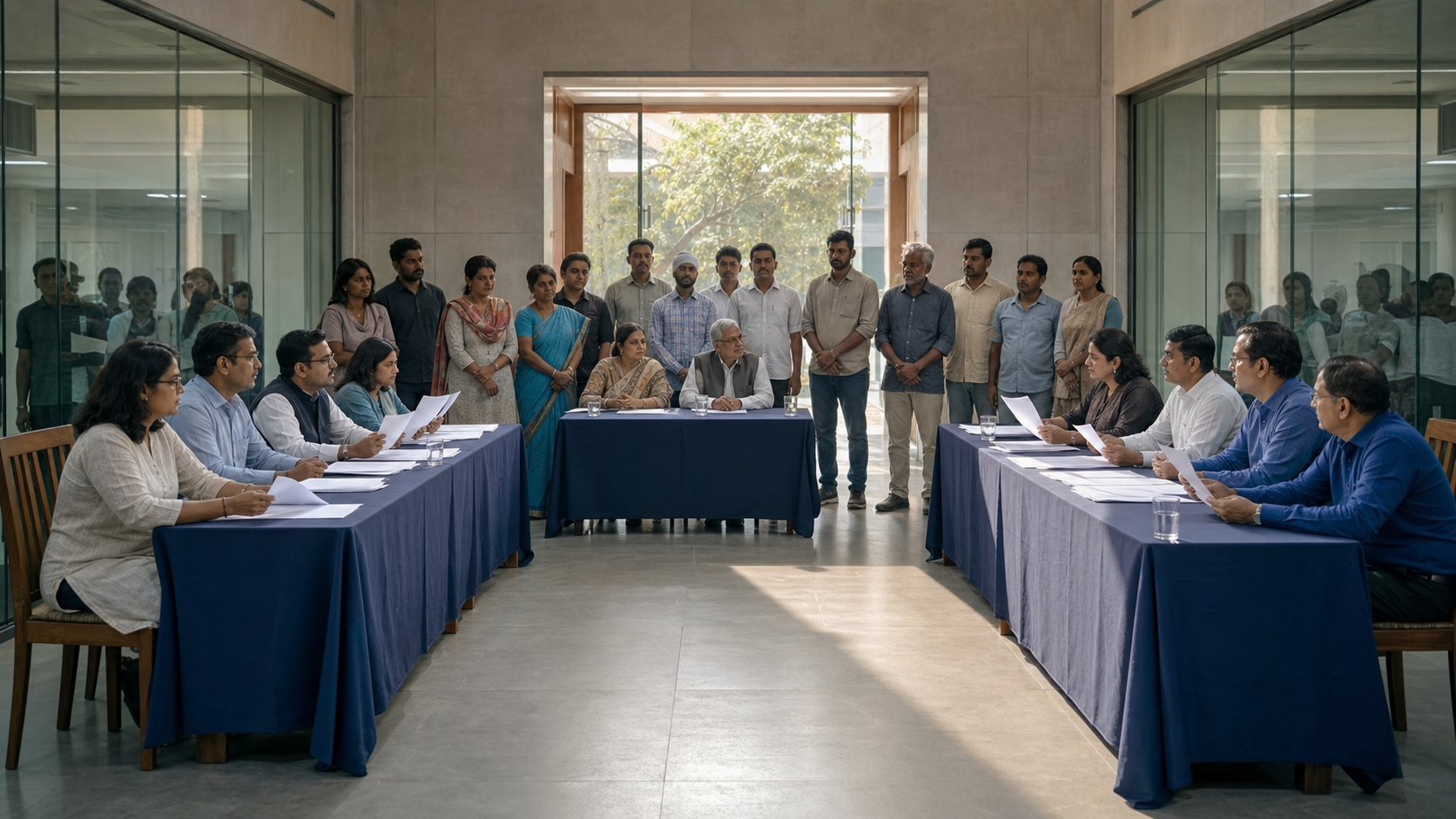 एक सार्वजनिक सुनवाई में नागरिकों के सामने सामाजिक संगठन और विपक्षी समूह के प्रतिनिधि दस्तावेज प्रस्तुत कर रहे हैं तथा बीच में एक स्वतंत्र पैनल सुन रहा है।