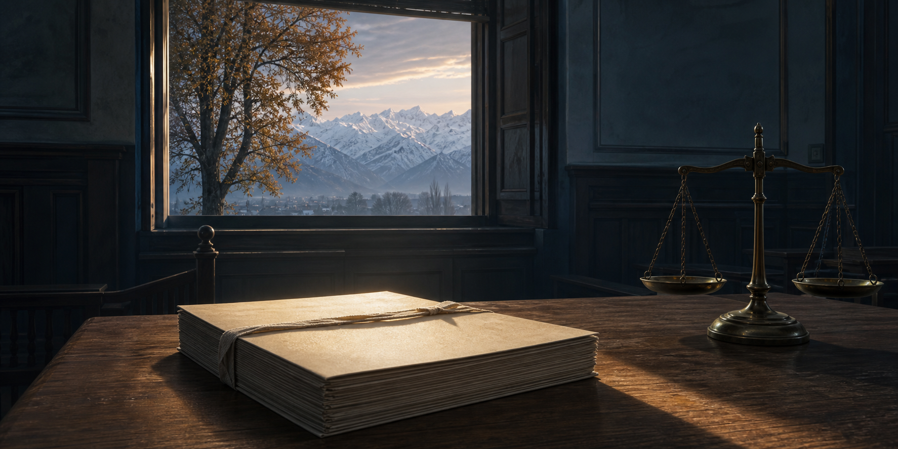 An unmarked case file and brass balance scale on a courtroom table, with a chinar tree and snow-covered mountains visible through a window.