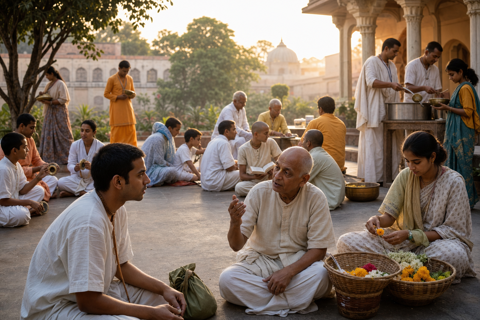 A seeker listens to an elder in a temple courtyard while a multigenerational Vaishnava community studies, serves food, prepares flowers, and worships together.