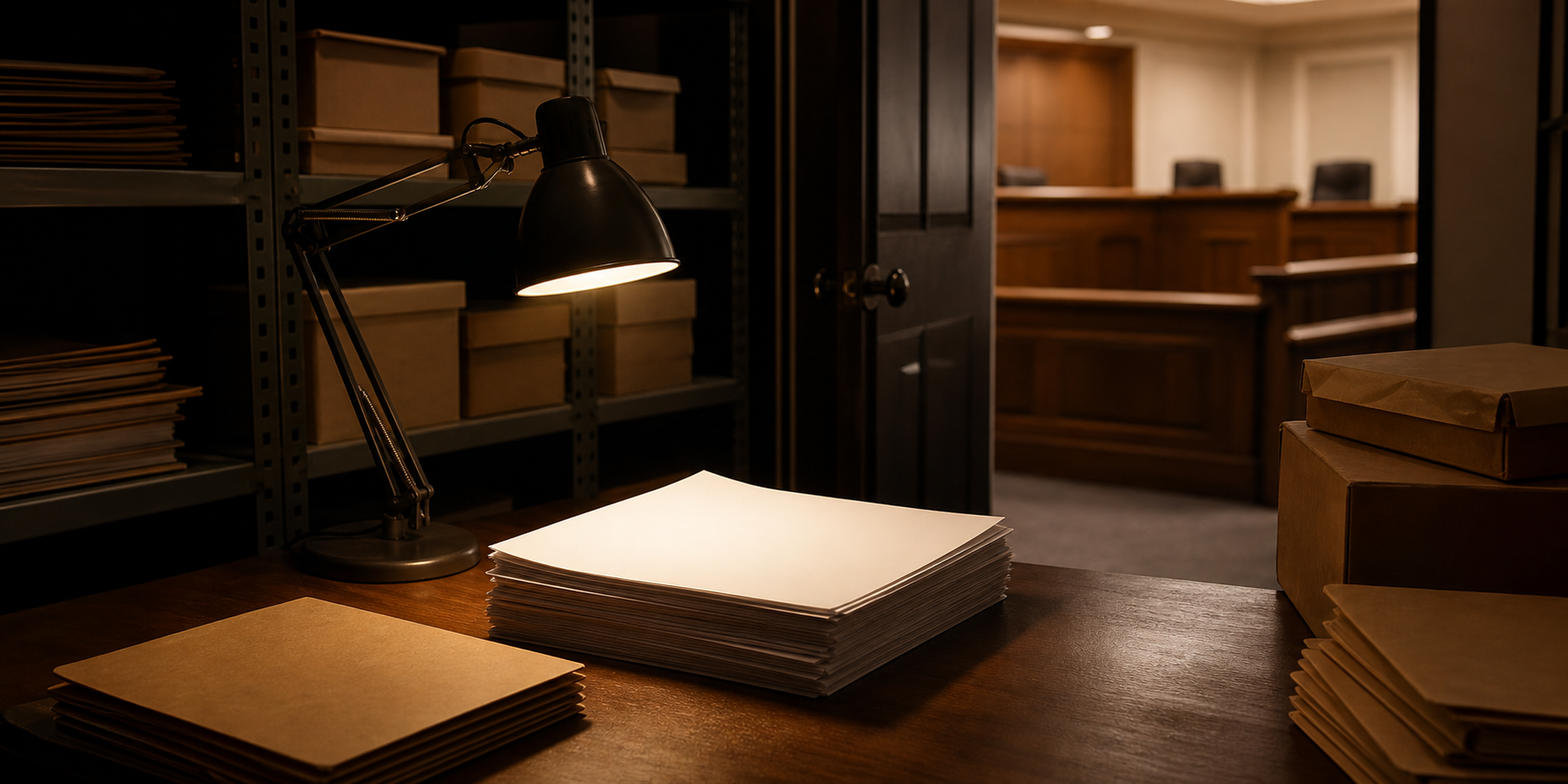 A stack of unmarked legal papers under a lamp in a records room, with old evidence boxes and an empty courtroom visible beyond.