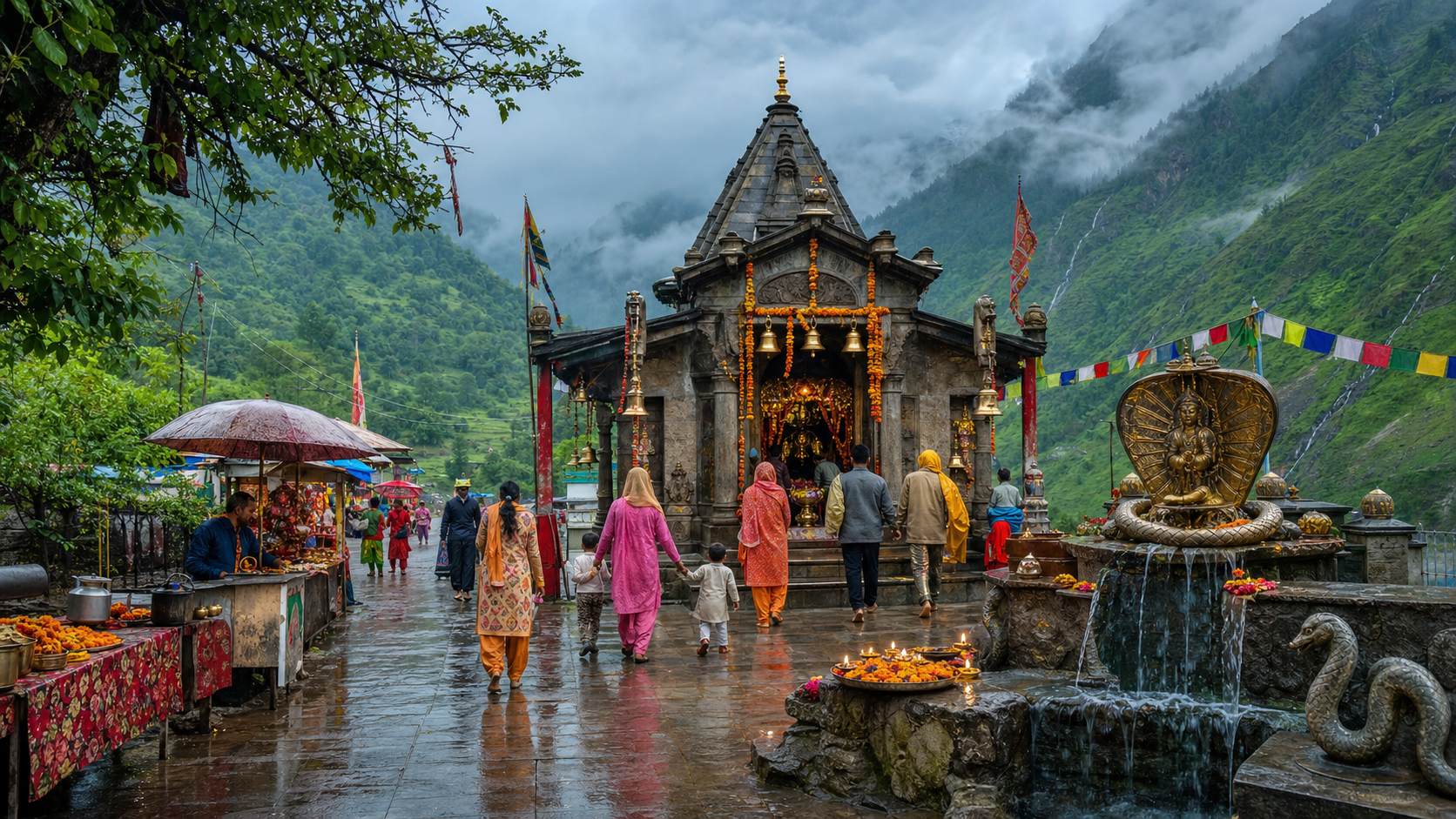 Pilgrims visit Nagni Mata temple during a misty monsoon fair in Himachal Pradesh.