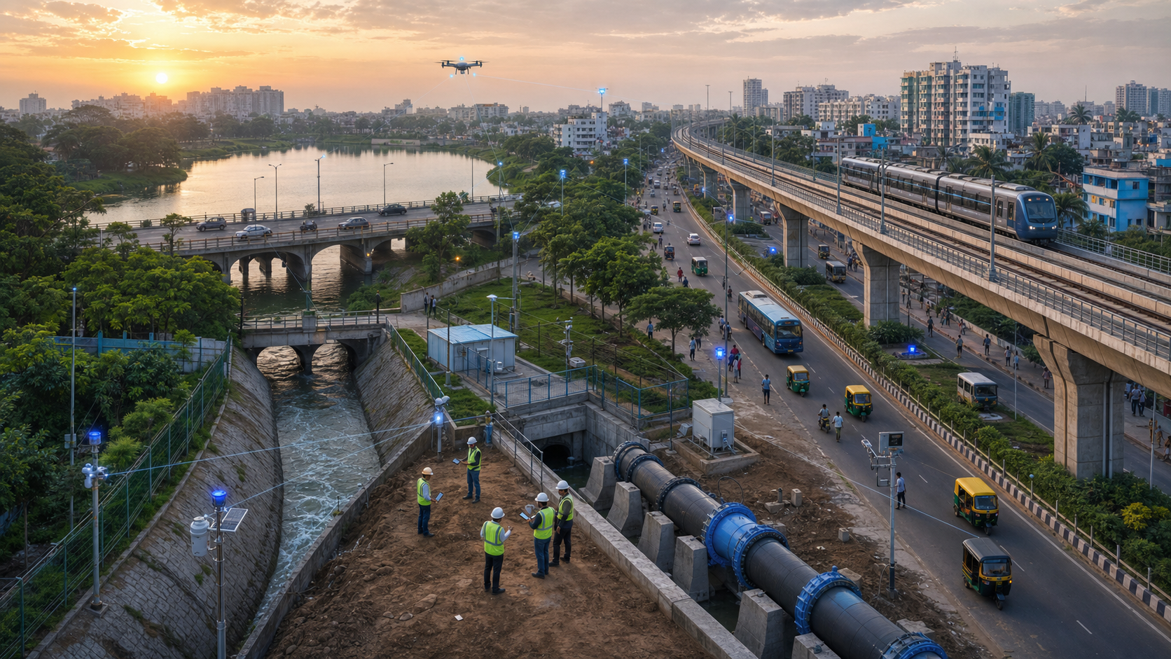 Engineers, sensors and a survey drone monitor roads, a bridge, drains, pipelines, a lake and a metro viaduct in an Indian city.