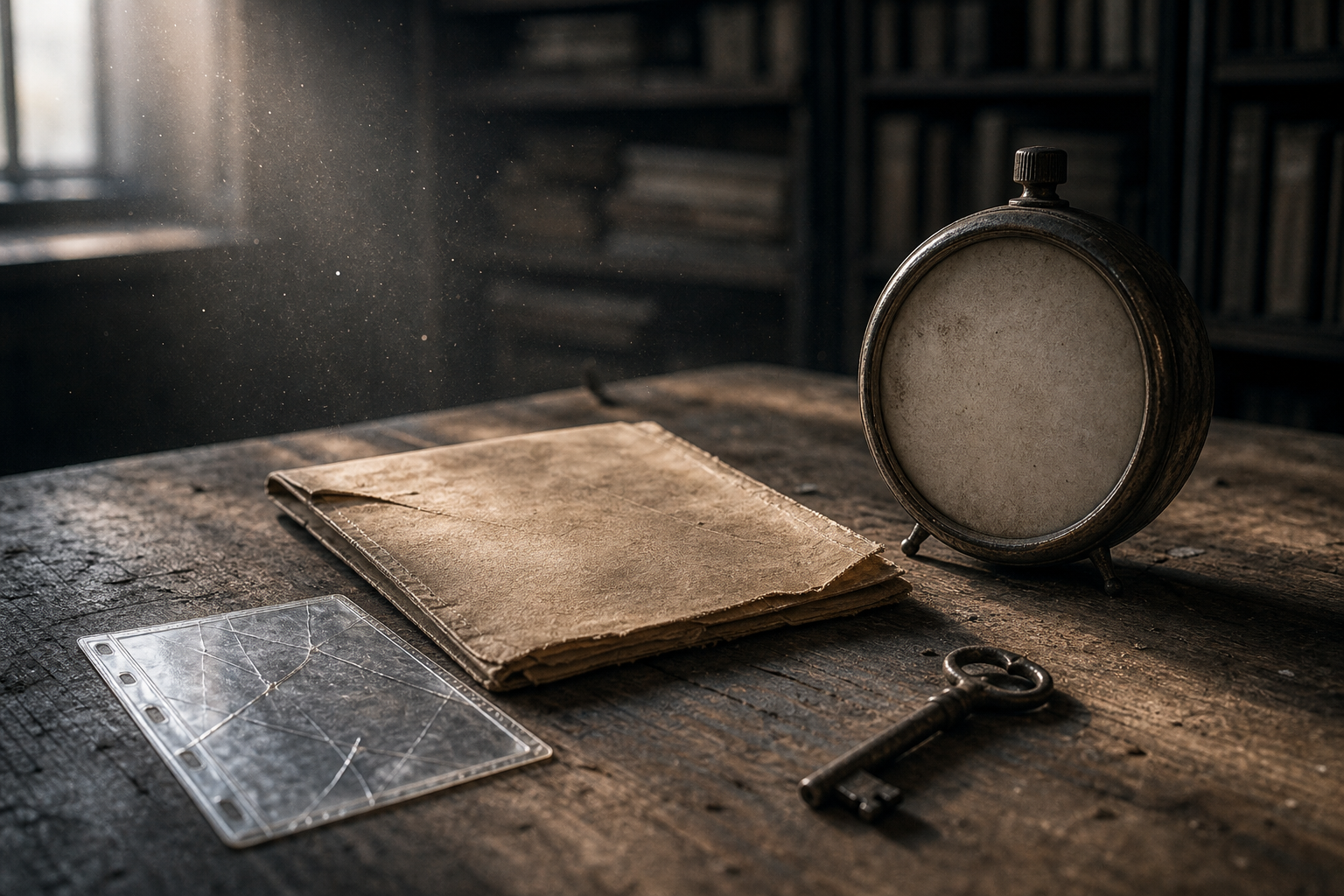 Aged archival objects, including an empty photograph sleeve, fraying envelope, tarnished key, and blank clock, sit on a dusty evidence table.