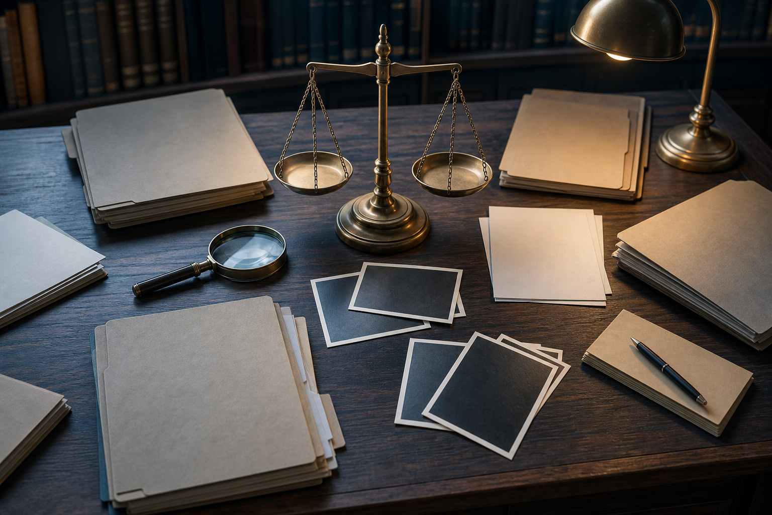 Unmarked folders, face-down photographs, a magnifying glass, and a balanced brass scale sit on an investigator's table.