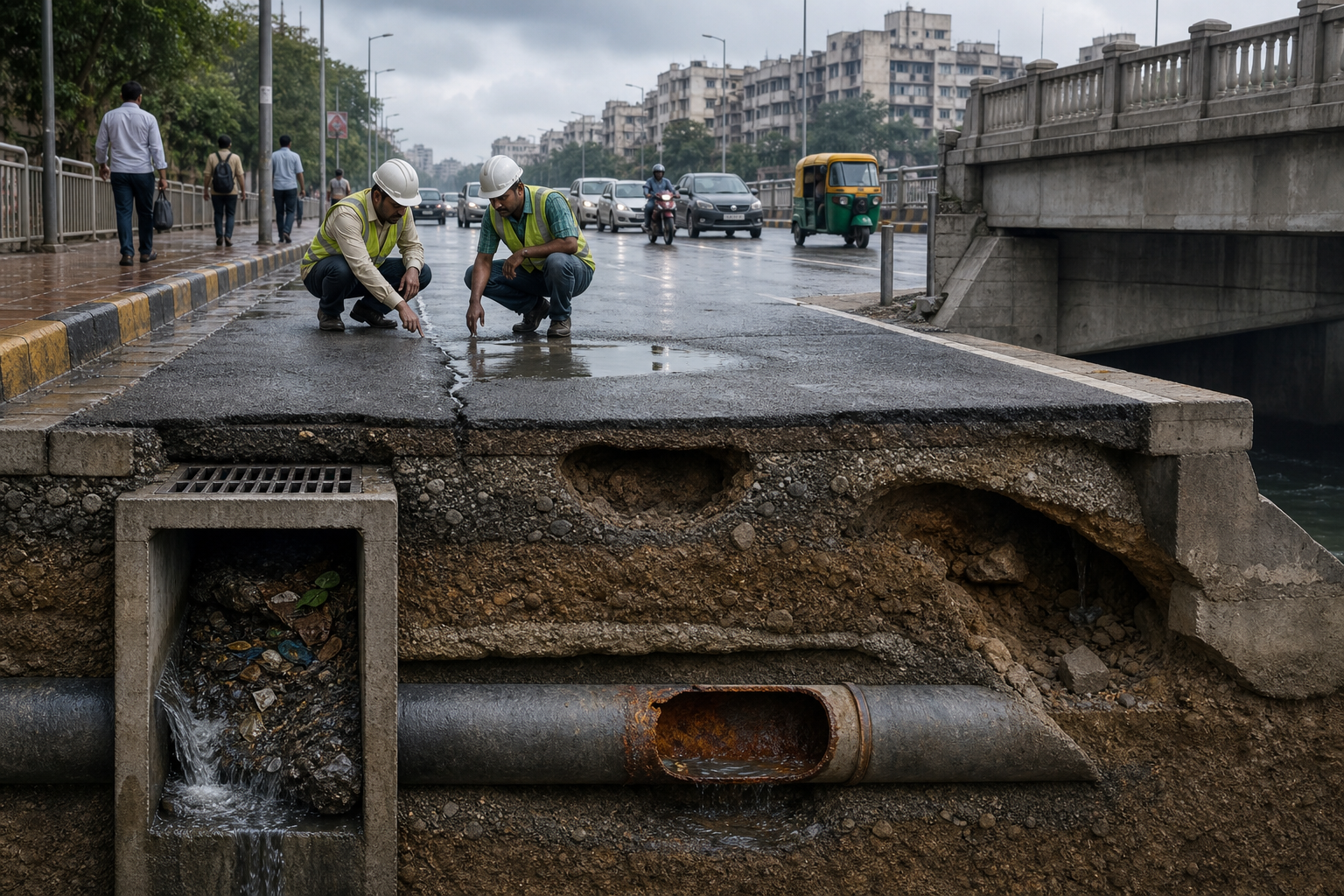 A cutaway of a rain-wet city street shows a blocked drain, a corroded pipe, eroded soil and a hidden road void beneath normal traffic.