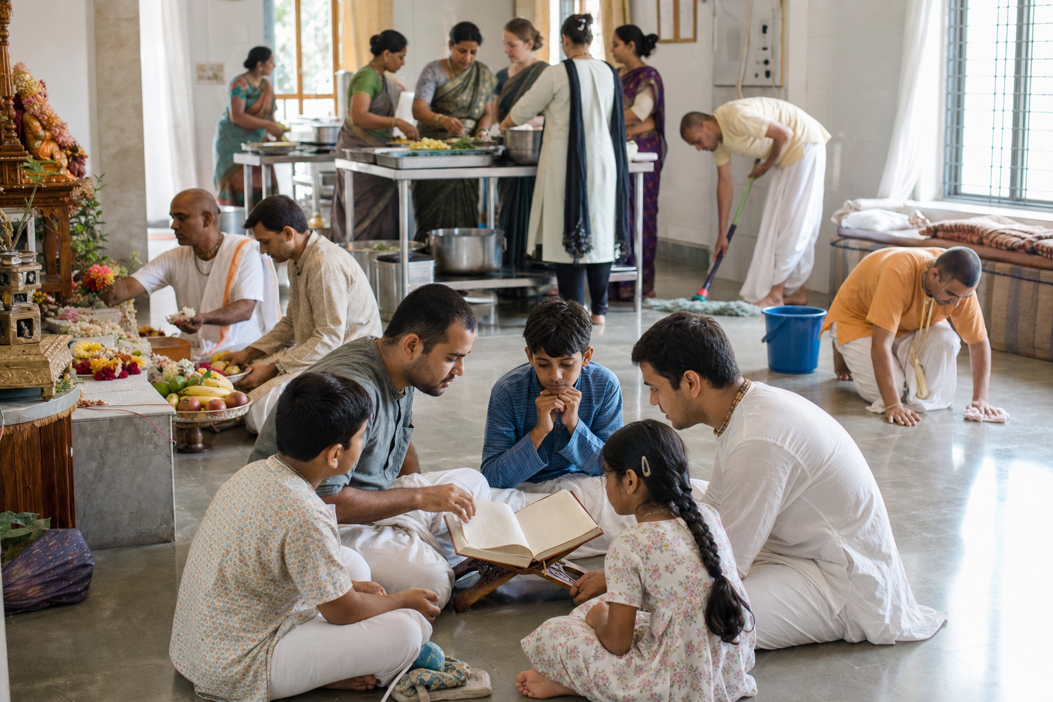 Adults and children in a Vaishnava community hall study, prepare food and flowers, and clean together.