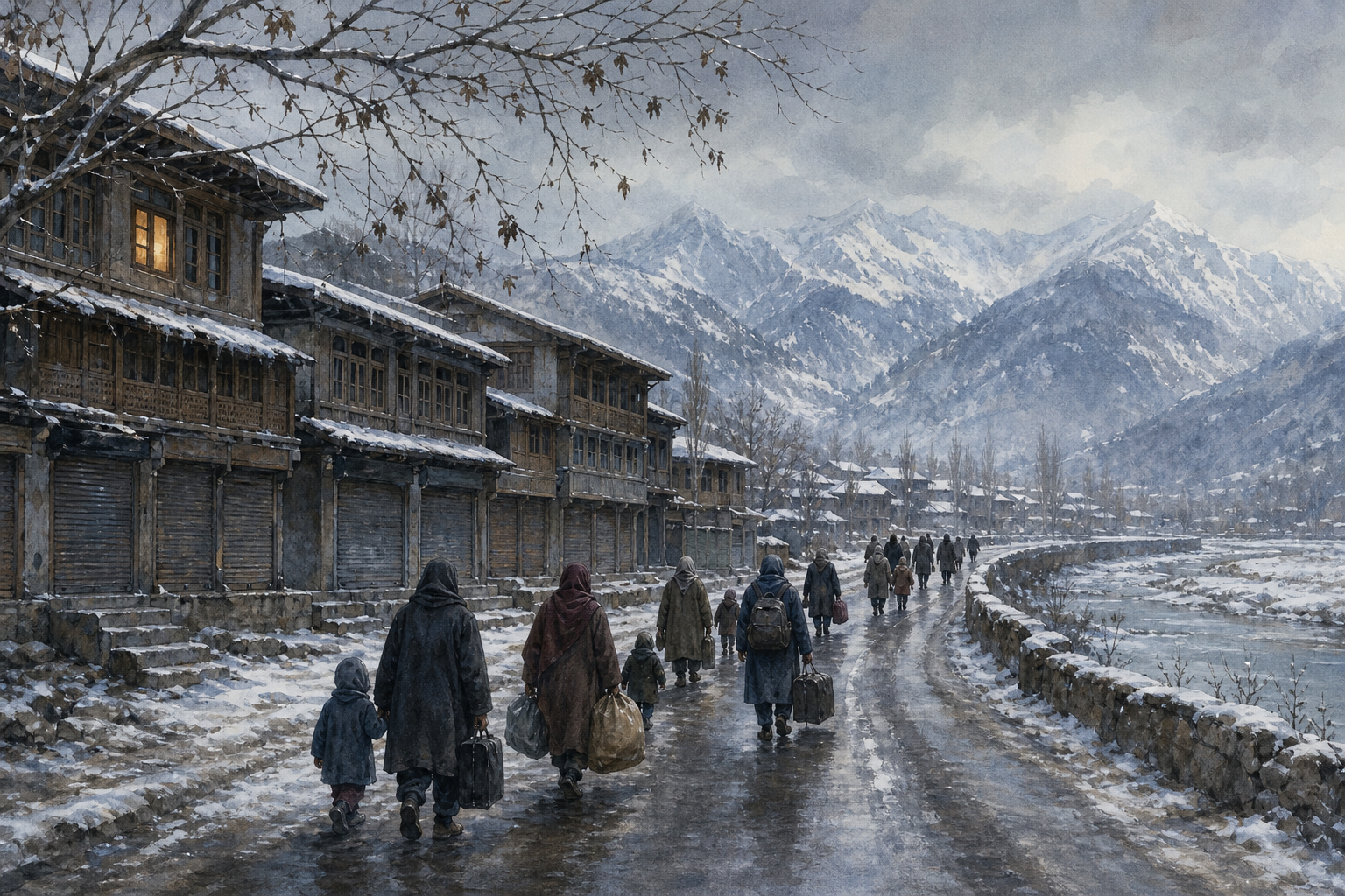 Families carrying bundles and suitcases walk away from shuttered homes beneath bare chinar trees in a wintry Kashmir landscape.