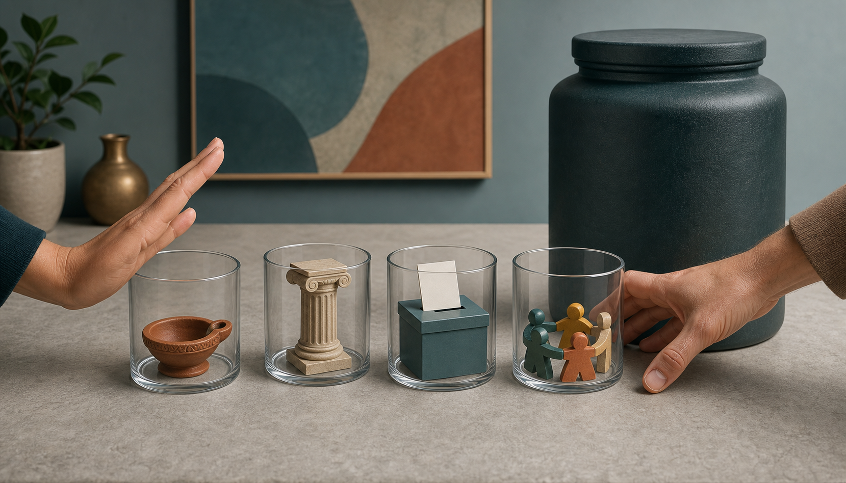 Hands arrange separate glass vessels containing symbols of religion, law, voting, and community beside one large opaque container.