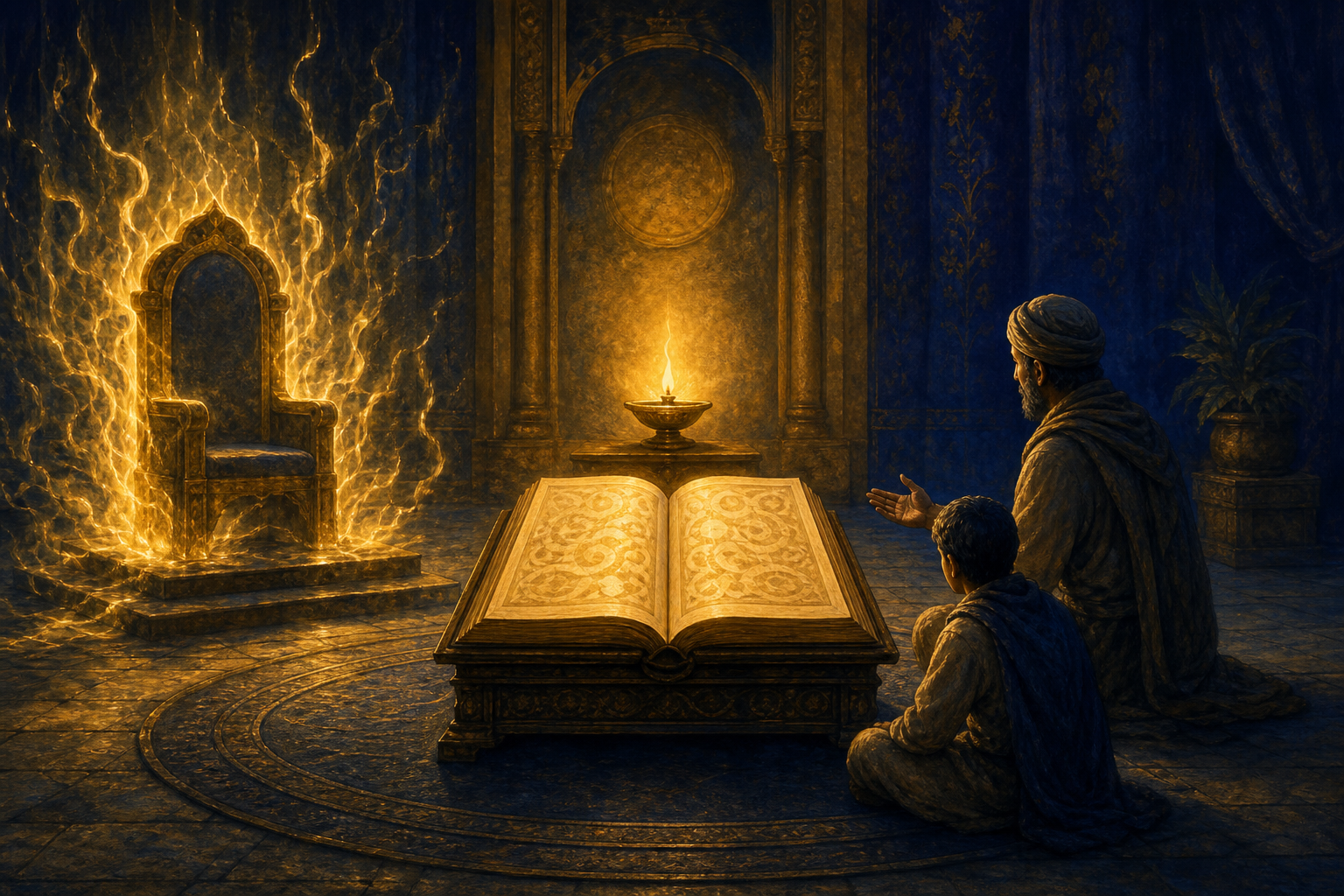 An open scripture and lamp stand between a dazzling empty ceremonial seat and a humble teacher seated beside a student.