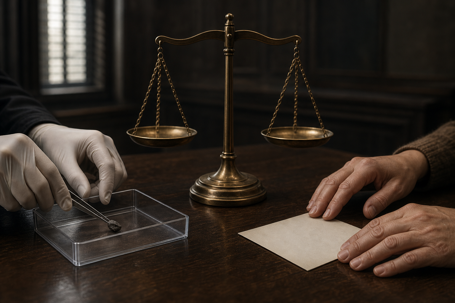 Gloved hands examine a small evidence fragment beside a face-down family photograph and a brass balance scale on a courtroom table.