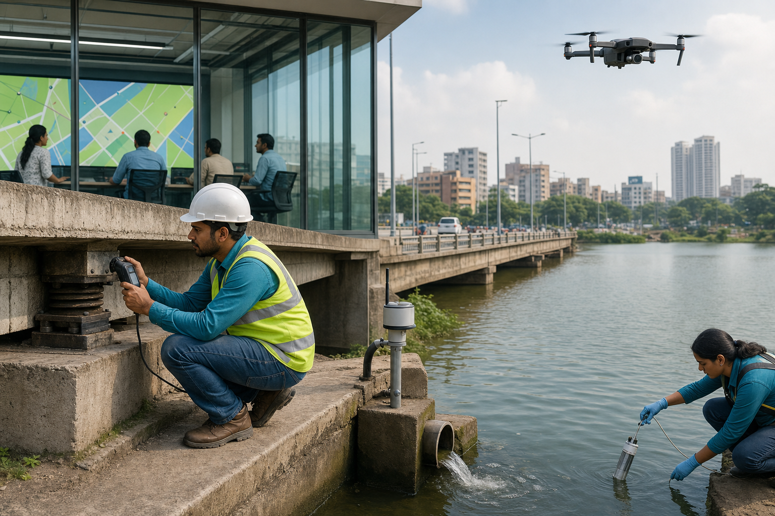 Field engineers, sensors and a drone collect infrastructure observations while a municipal team reviews an unlabeled city map.