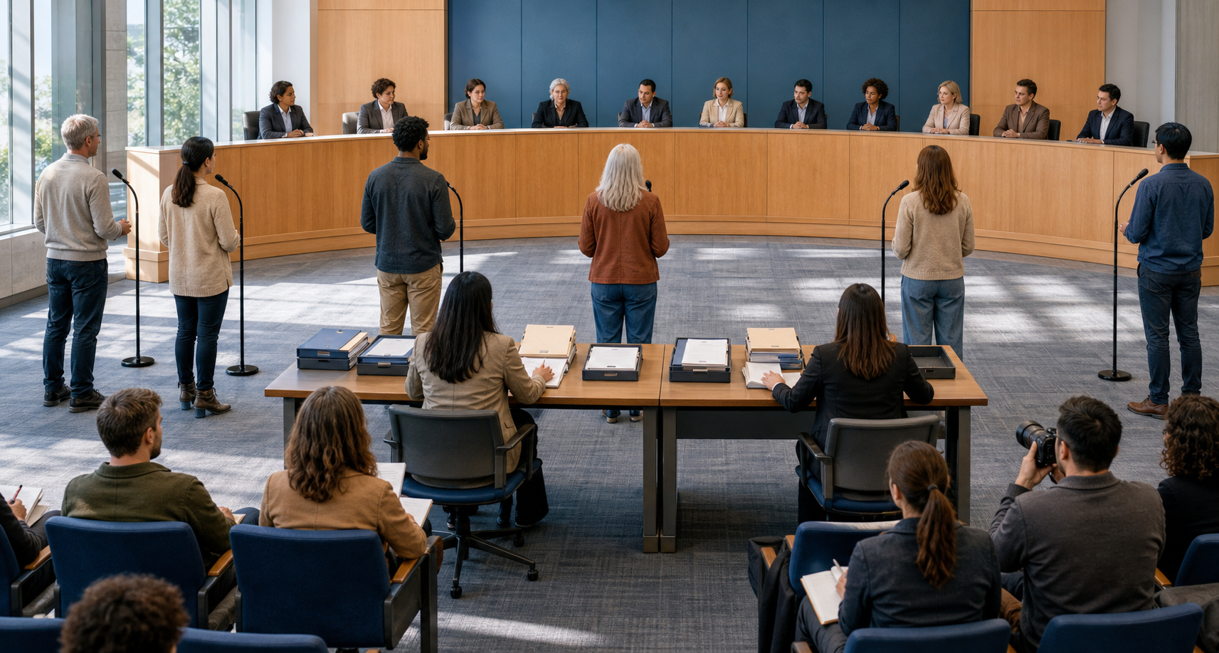 Council members, community representatives, journalists, and staff take part in an orderly public hearing with equal speaking positions.