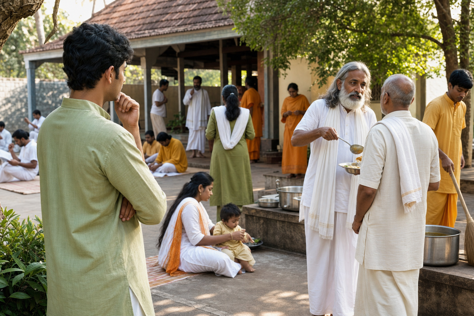 A seeker observes a spiritual guide serving food and listening to an elderly devotee amid everyday community activities.