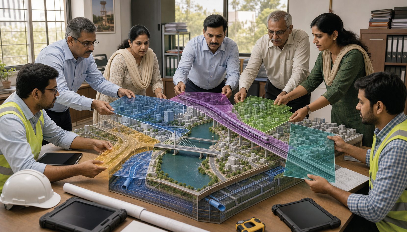Municipal teams align translucent road, water, drainage, transit and environmental layers over a shared city model.