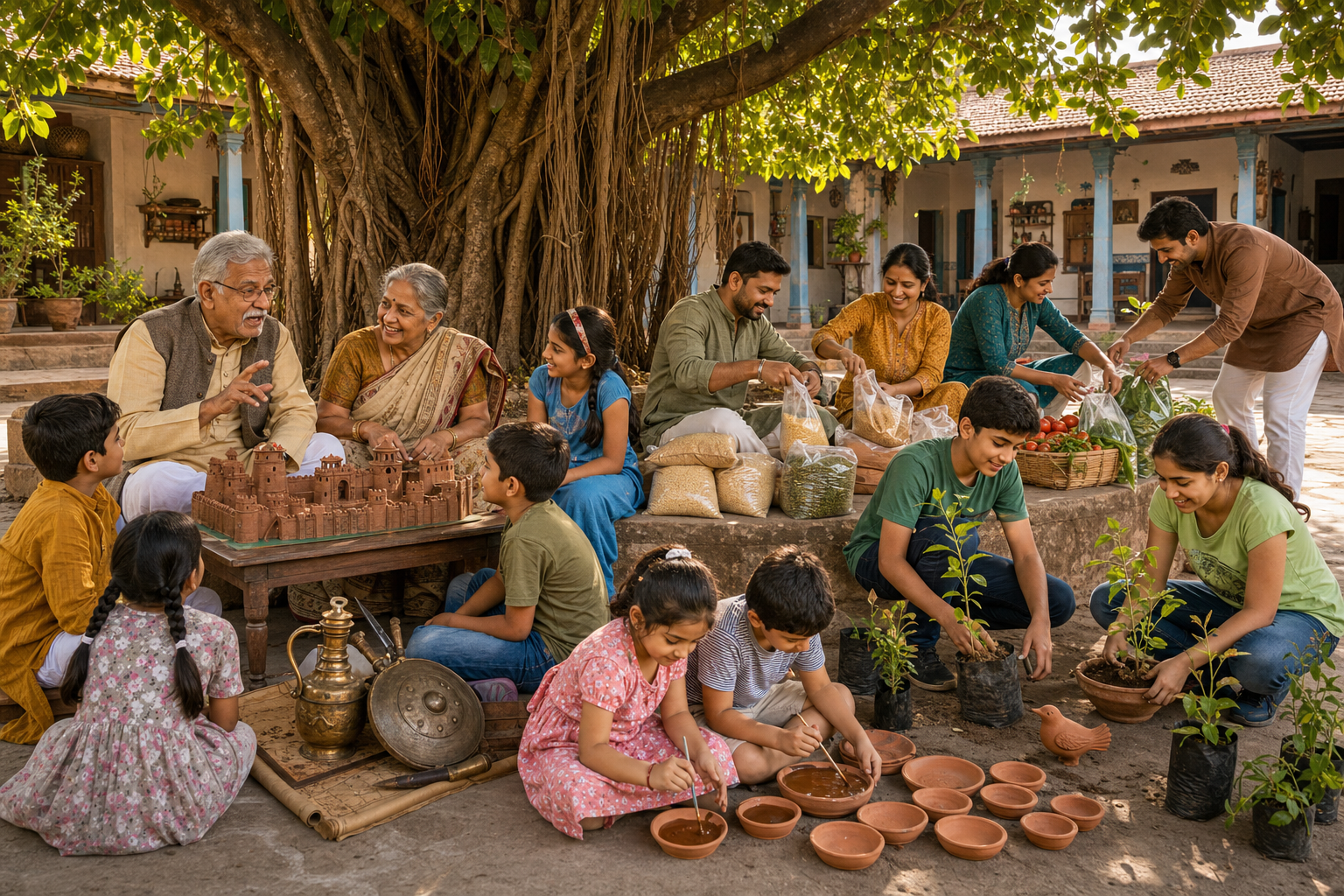बरगद के नीचे एक संस्कार केंद्र के आंगन में बुजुर्ग बच्चों को किले का मॉडल दिखा रहे हैं, जबकि परिवार भोजन पैकेट तैयार कर रहे हैं, पौधे लगा रहे हैं और पक्षियों के लिए जलपात्र रख रहे हैं।