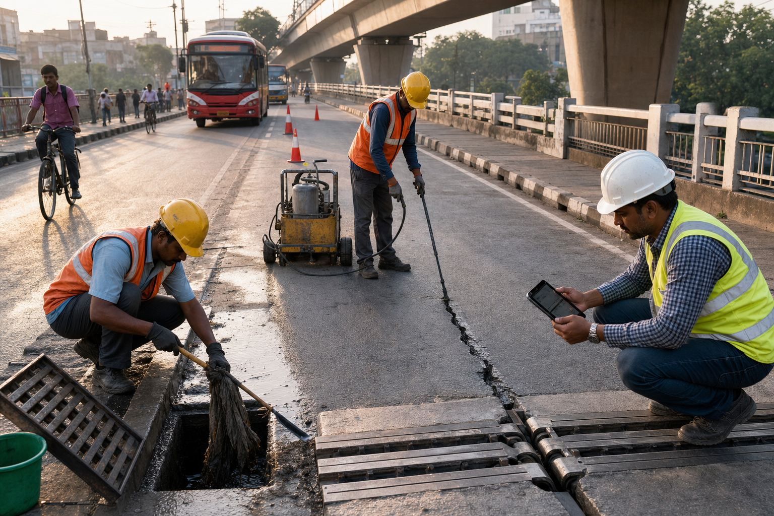 A municipal crew clears a drain, seals a road crack and inspects a bridge joint during coordinated preventive maintenance.
