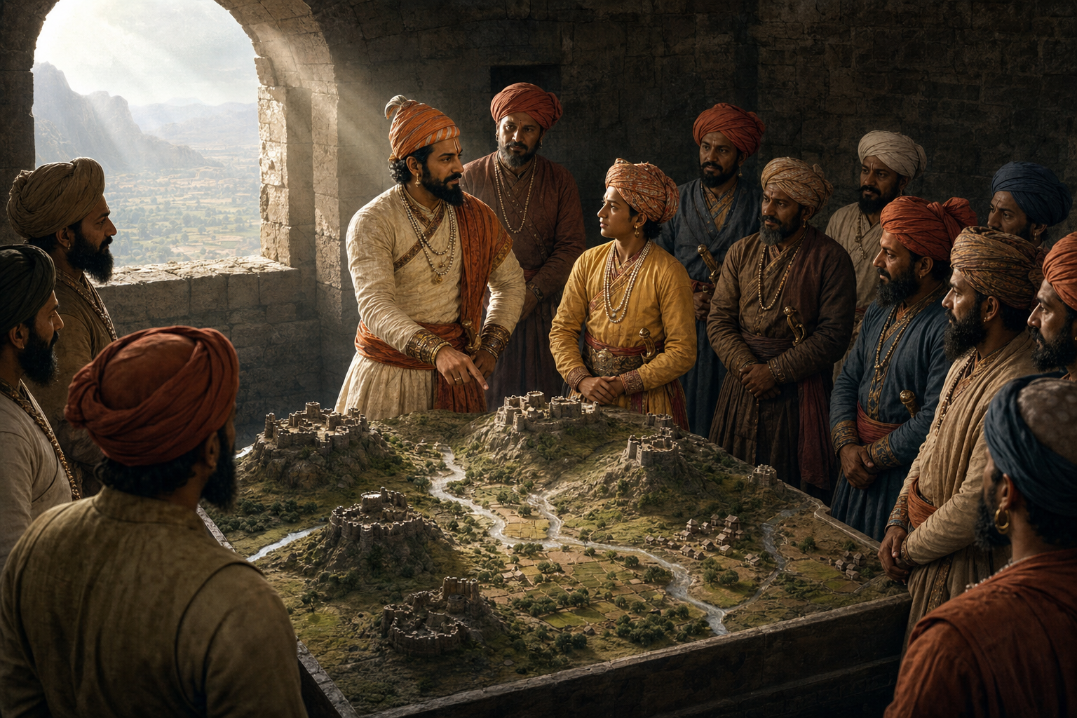 दक्कनी पहाड़ी किले के एक कक्ष में शिवाजी और युवा छत्रसाल गांवों तथा किलों के उभरे हुए मॉडल के पास स्थानीय प्रतिनिधियों और सेनानायकों के साथ विचार-विमर्श कर रहे हैं।