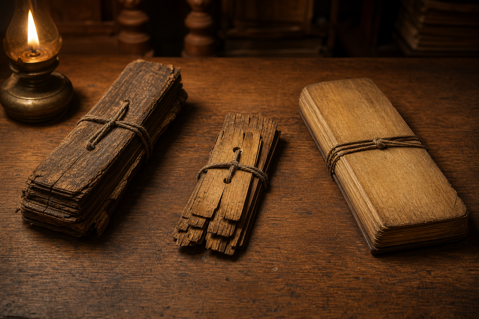 Three aged palm-leaf manuscript bundles beside an oil lamp on a wooden table