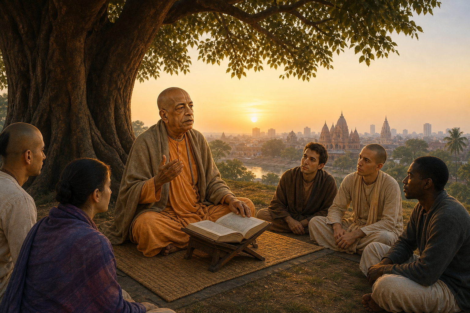 An elderly Vaishnava teacher in saffron robes sits beneath a tree with an open book while a diverse group listens at sunrise.