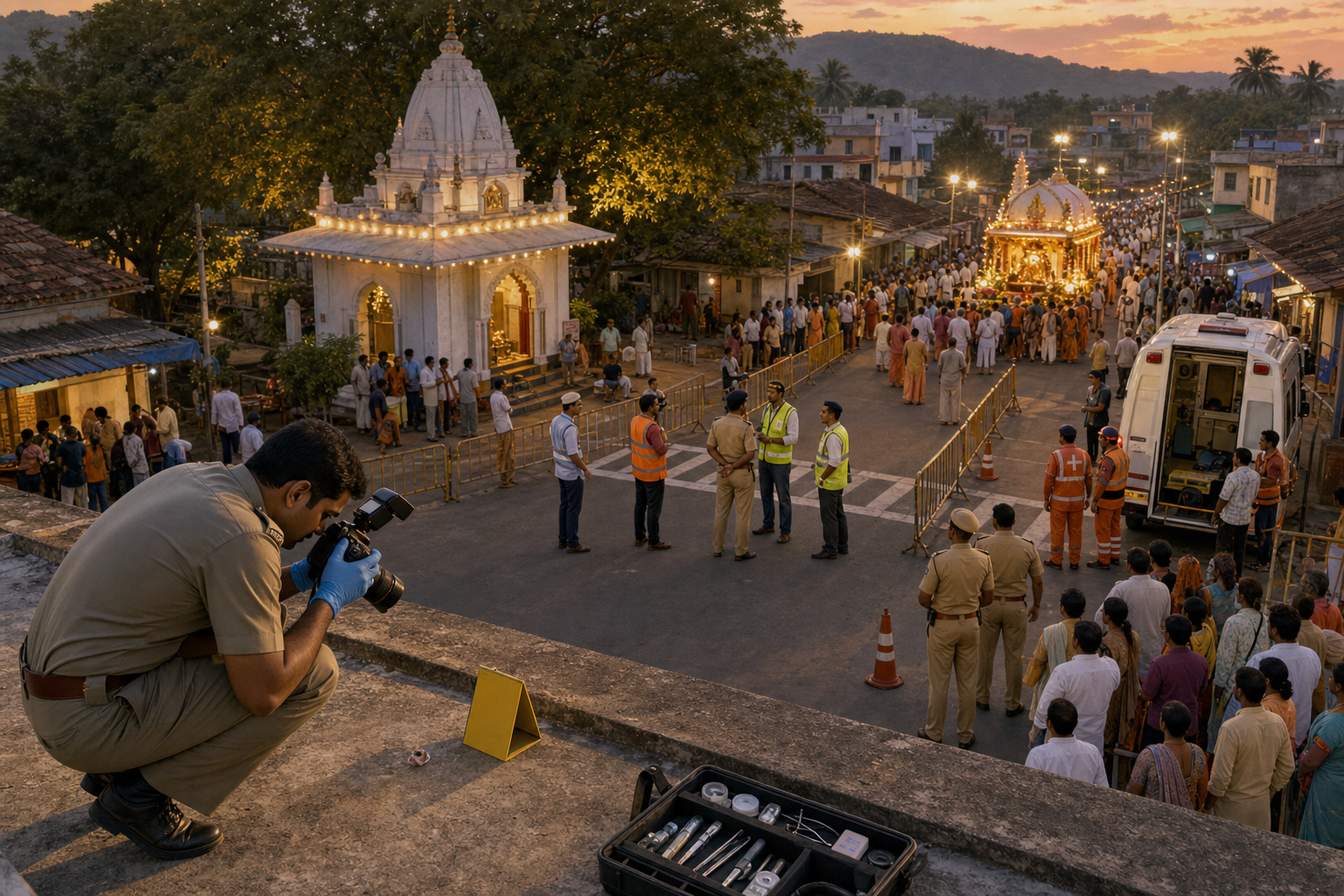 Police, emergency workers, community organizers, and residents prepare a procession route while an investigator documents evidence at a rural Indian crossroads.