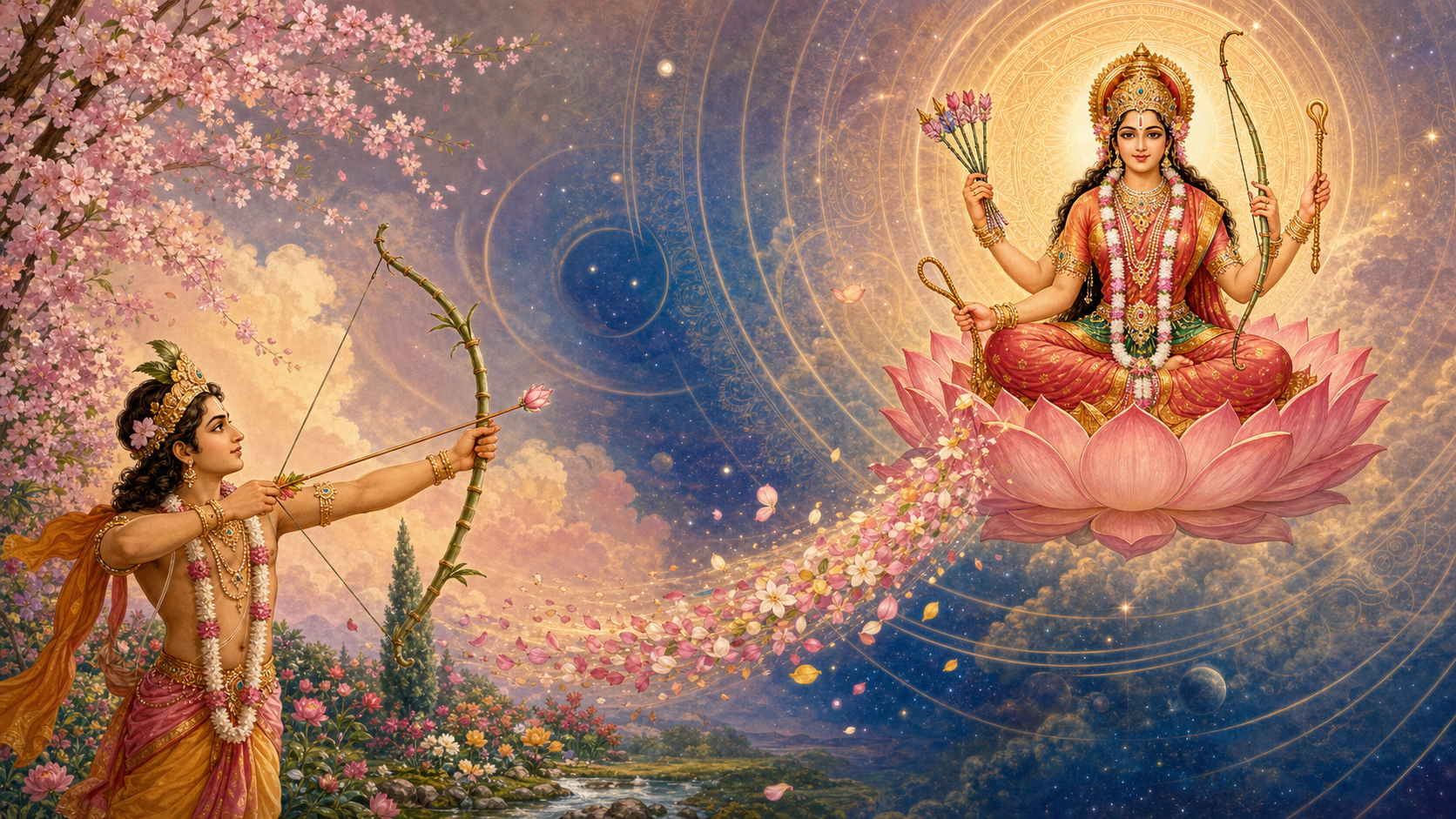Kamadeva draws a flower-tipped arrow in a spring garden below Lalita Tripura Sundari, who holds five flower arrows and other divine attributes on a radiant lotus throne.