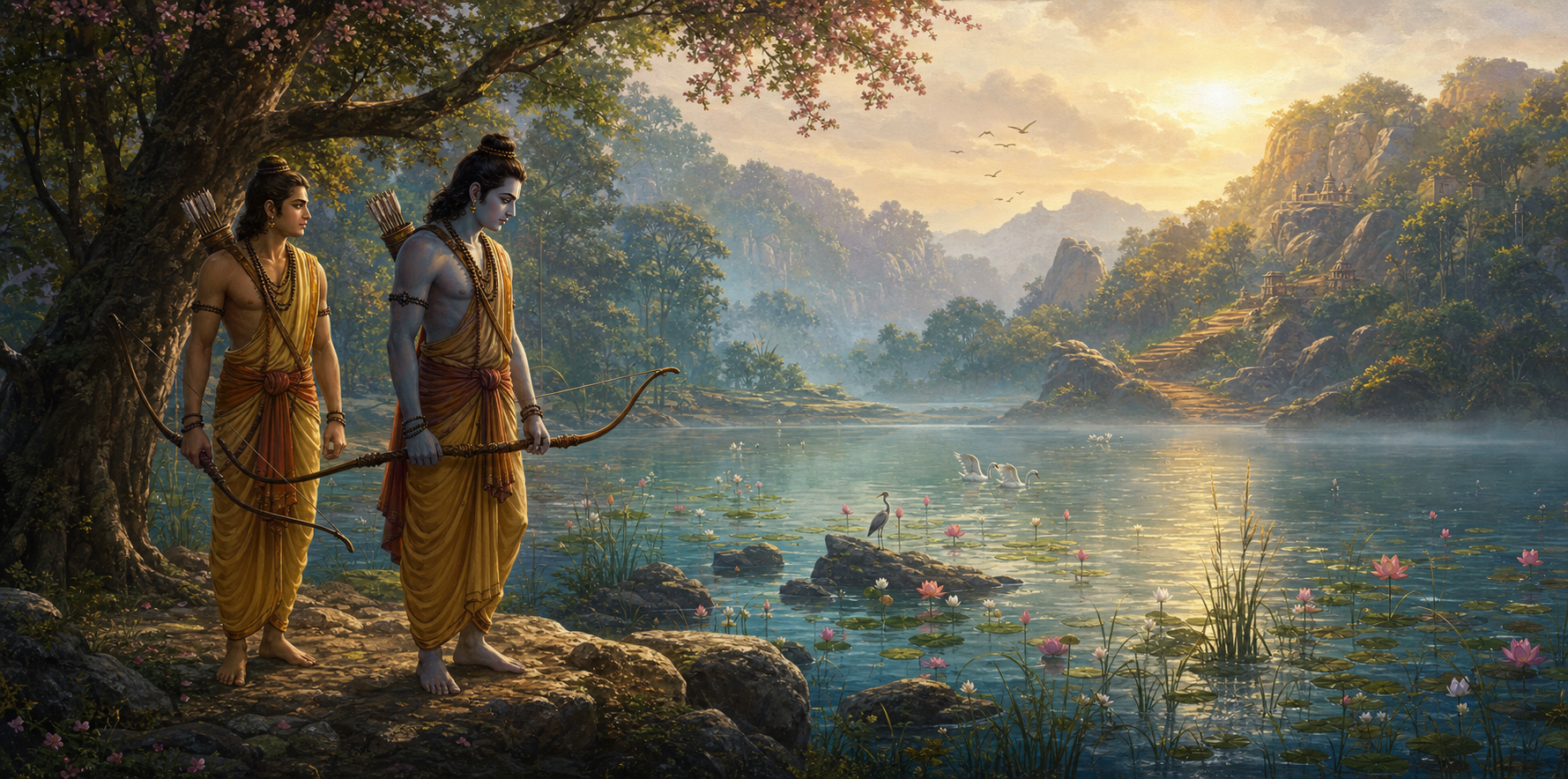 Rama and Lakshmana stand beside a lotus-filled lake at dawn, with forested hills rising beyond the water.