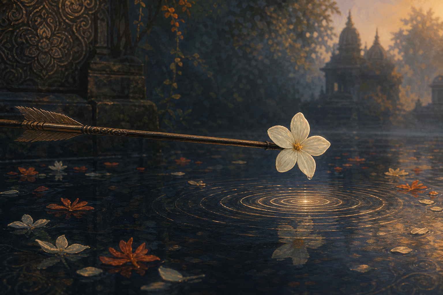 A flower-tipped arrow hovers above a still pool, creating rings of light without piercing the water.