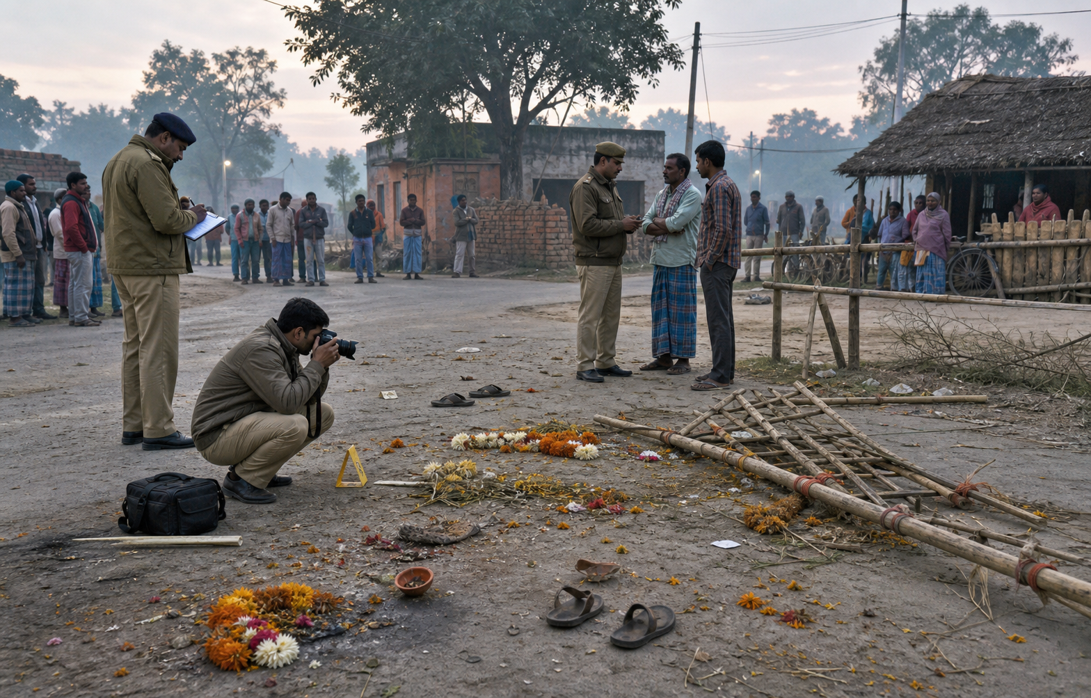 Investigators document scattered garlands, a damaged barricade, a clay lamp, and abandoned sandals at a quiet village junction as residents look on.