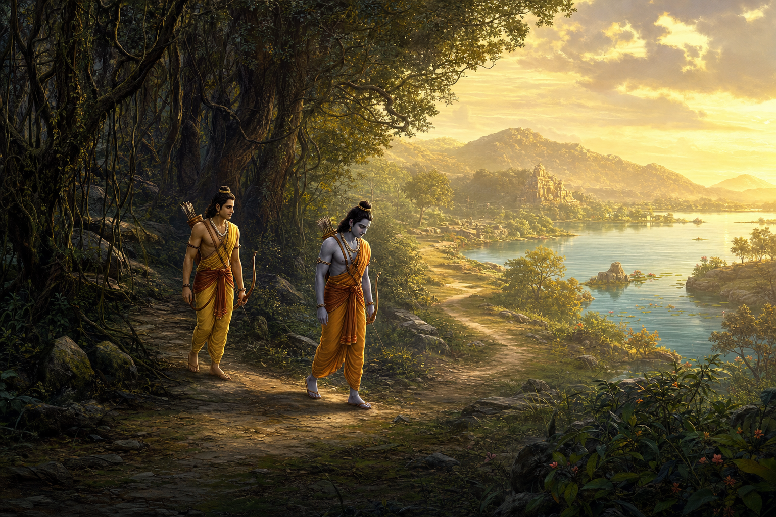 Rama and Lakshmana walk from a shadowed forest toward the open landscape of Pampa Lake.