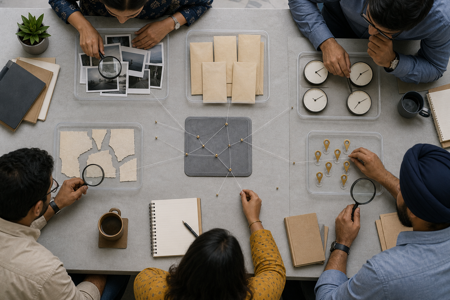 Researchers compare separate trays of photographs, envelopes, map fragments, clocks, and location pins while leaving unsupported gaps unconnected.