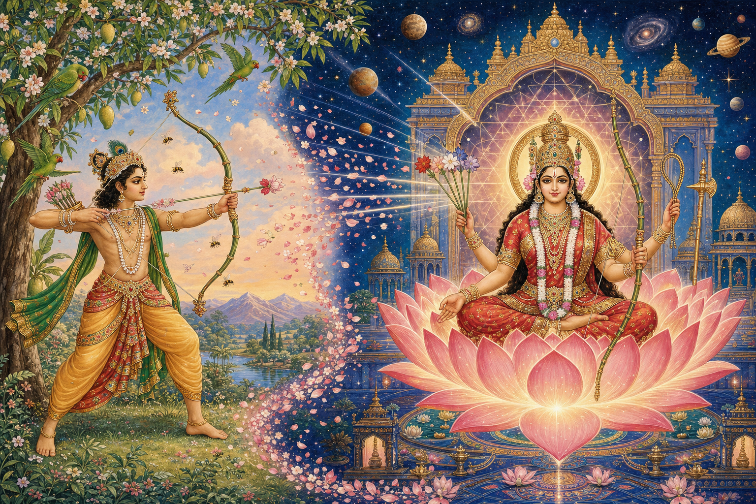 Kamadeva aims a flower arrow in a spring grove beside a celestial scene of Lalita holding five flower arrows, a bow, a noose and a goad.