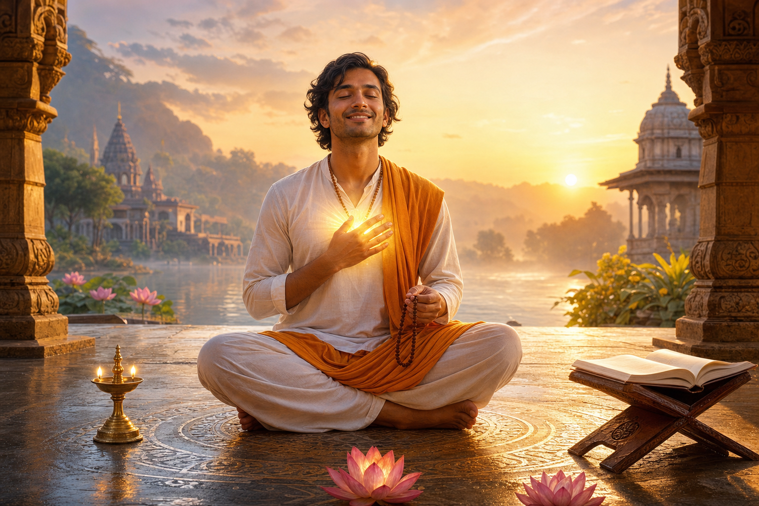 Hindu spiritual seeker meditating at sunrise with golden heart aura