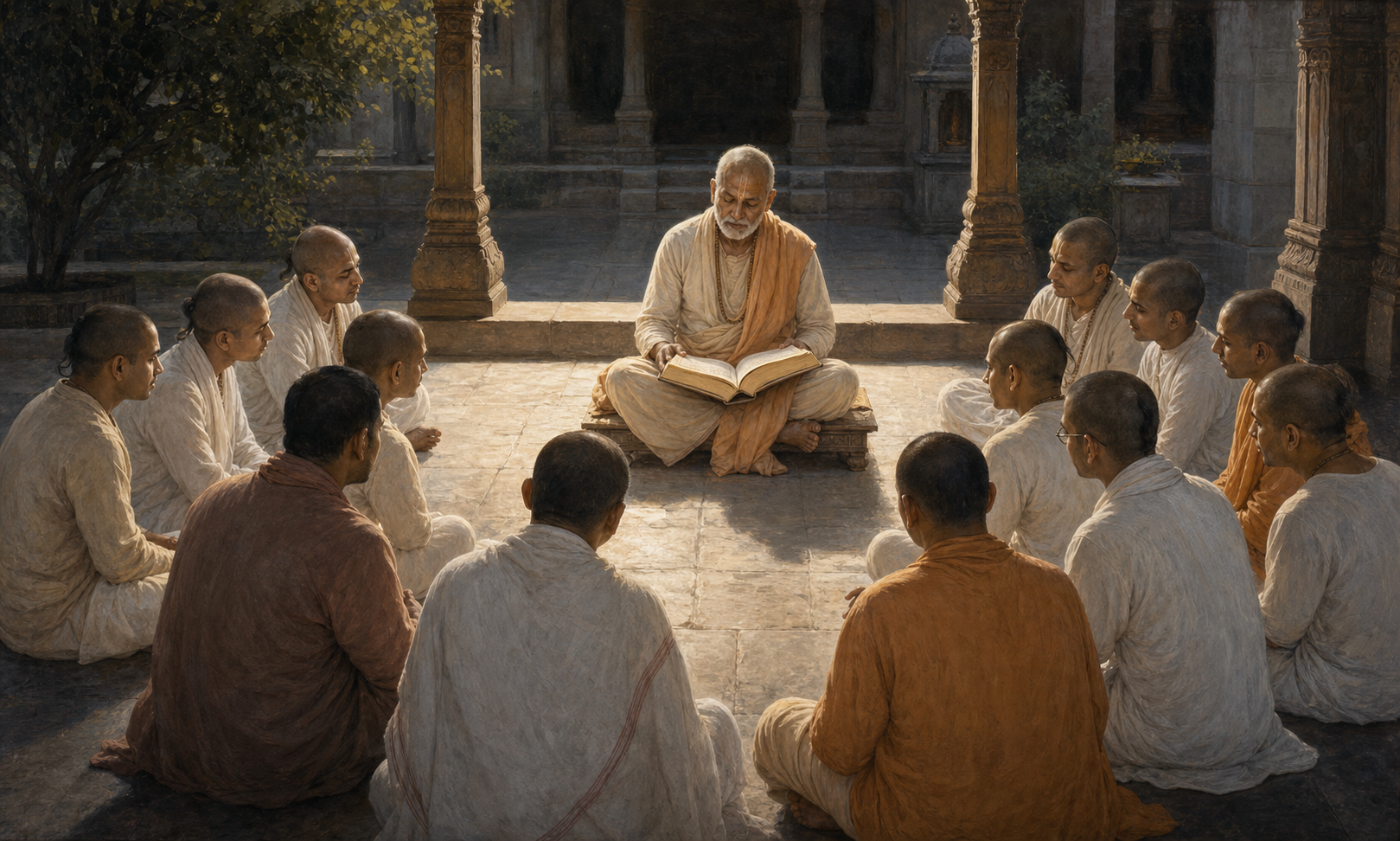 A Vaishnava teacher reads from an open scripture to listeners seated in a quiet temple courtyard.