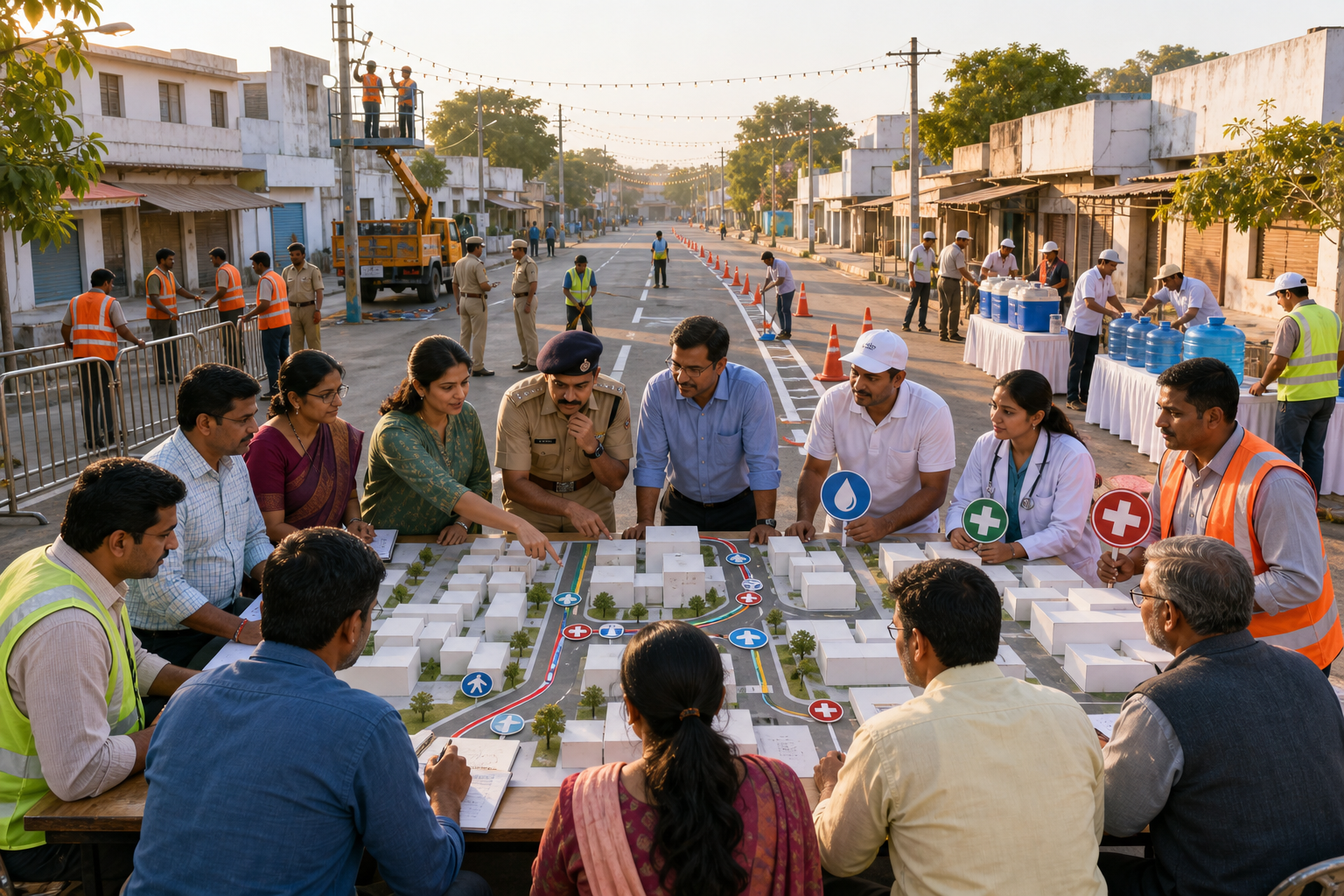 Police, medical volunteers, organizers, shopkeepers, and residents plan a procession route while crews prepare barriers, lighting, water stations, and emergency lanes.